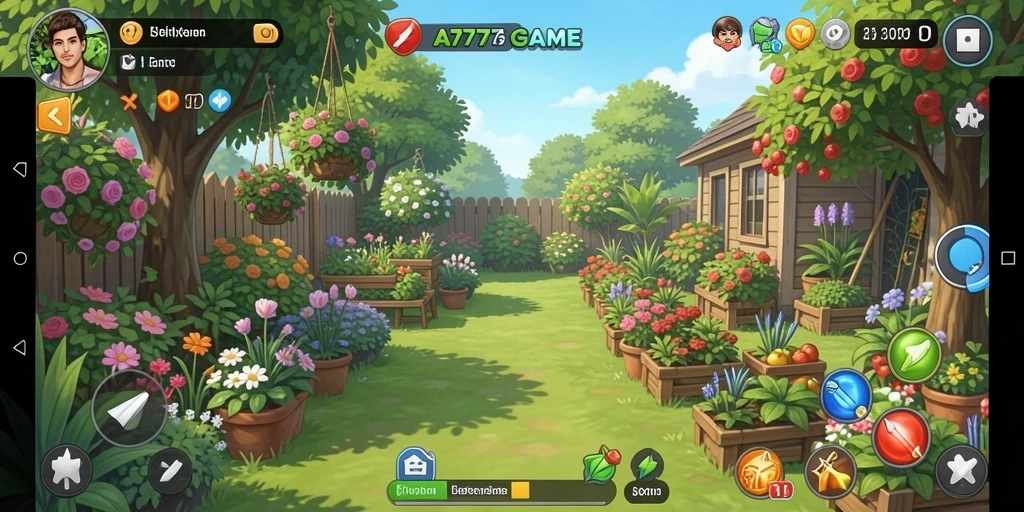 Screenshot gameplay A777GAME menampilkan kebun yang indah dan warna-warni.