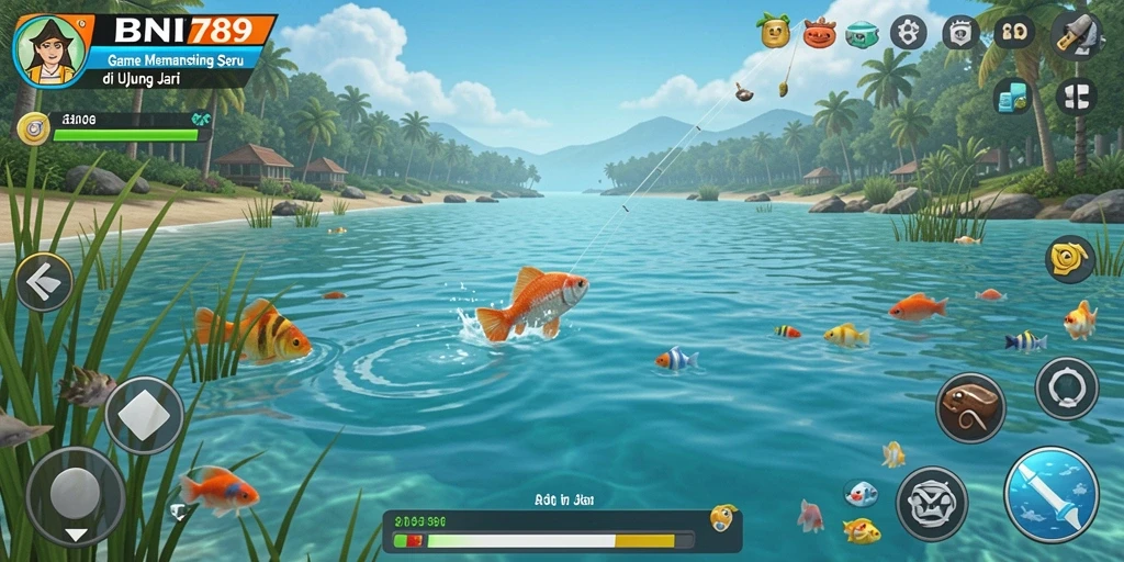 Screenshot gameplay BNI789 yang menampilkan pengalaman memancing yang seru.