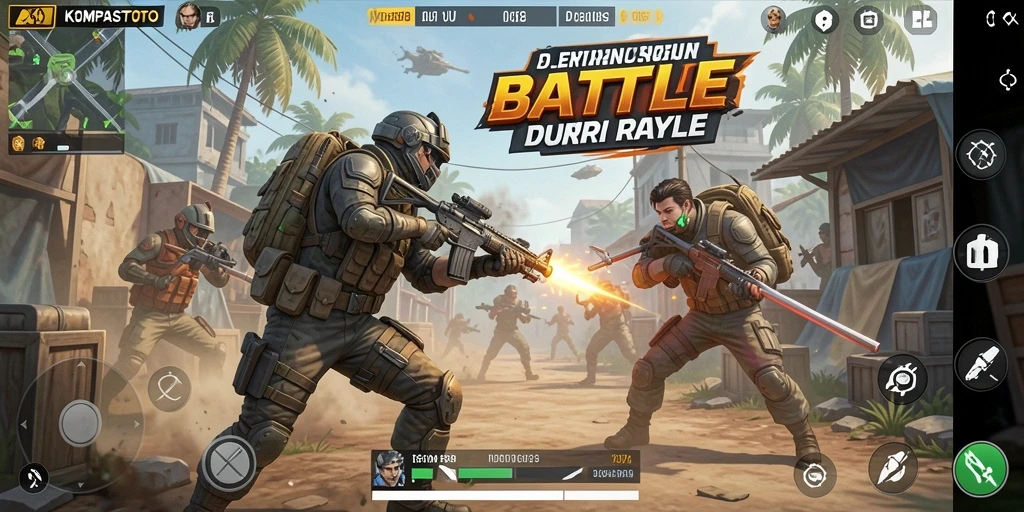 Tangkapan layar utama gameplay KOMPASTOTO menampilkan aksi Battle Royale yang intens.