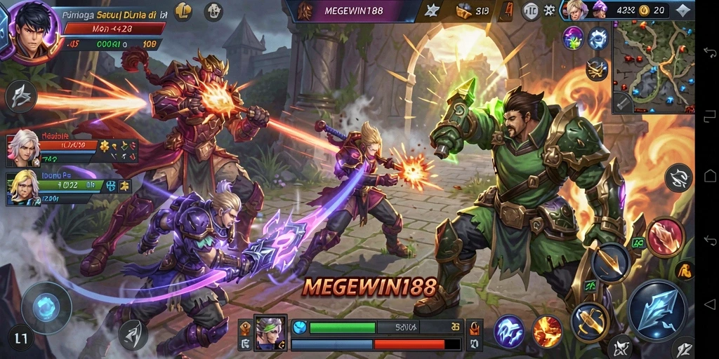 Tampilan seru gameplay MOBA di MEGEWIN188 dengan aksi yang mendebarkan.