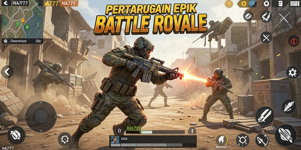 Screenshot NA777 menampilkan aksi pertempuran Battle Royale yang intens.