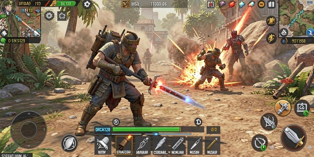 Screenshot gameplay ORCA128 menampilkan pertempuran strategi mendebarkan.