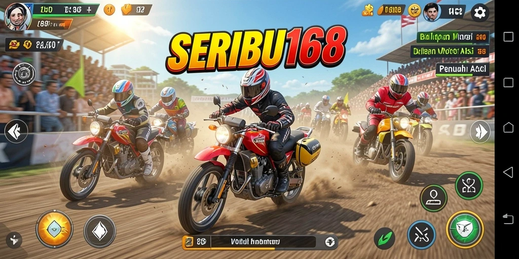 Screenshot SERIBU168 menampilkan aksi balapan motor yang seru.