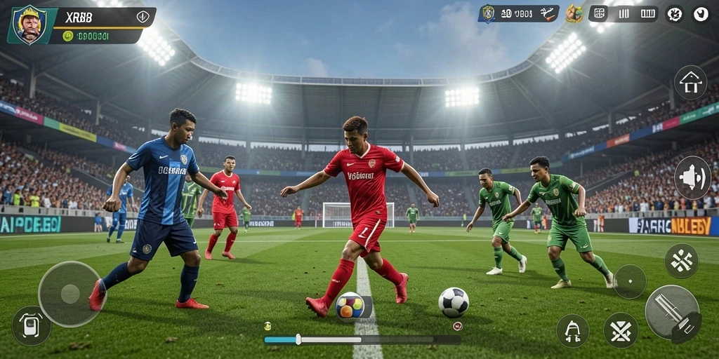 Gameplay XR88 yang mendebarkan dengan aksi pertandingan sepak bola.